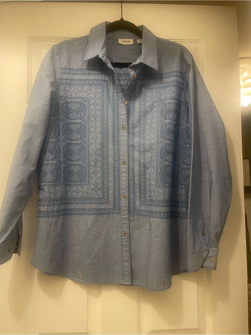 Per Se by Carlisle Blue Embroidered Button Front Shirt Size 12